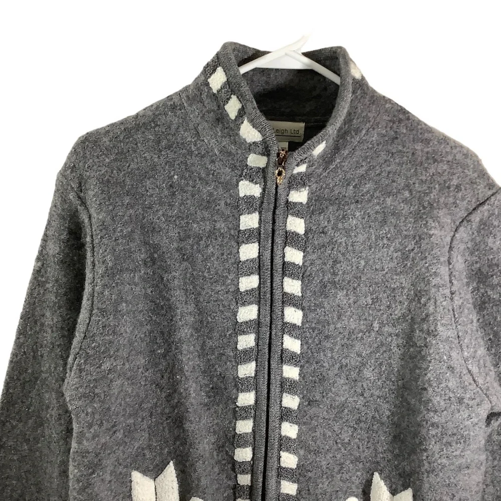 Laura Leigh Ltd. Grey Boiled Wool Zip Up Sweater Snowflakes